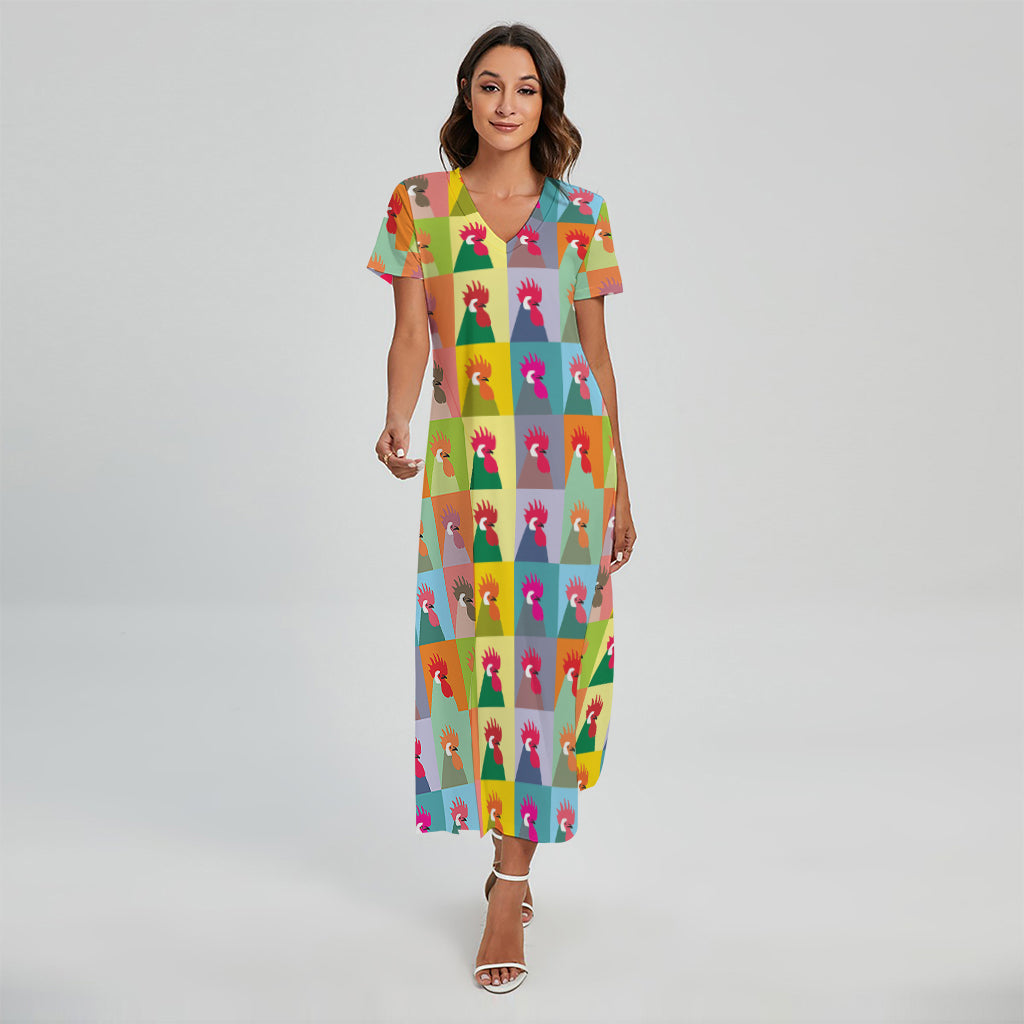 Colorful Rooster Pattern Print Short Sleeve Maxi Dress