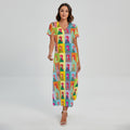 Colorful Rooster Pattern Print Short Sleeve Maxi Dress