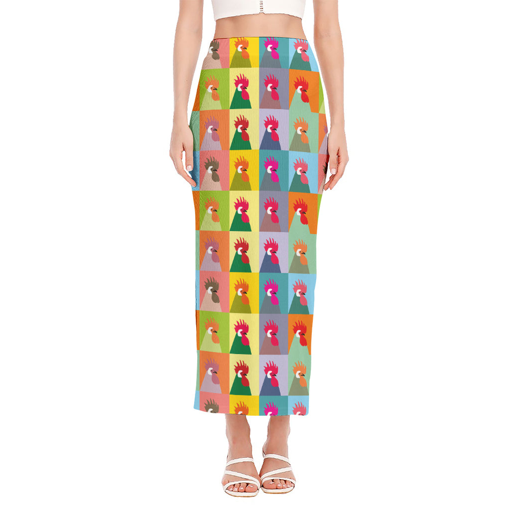 Colorful Rooster Pattern Print Side Slit Maxi Skirt