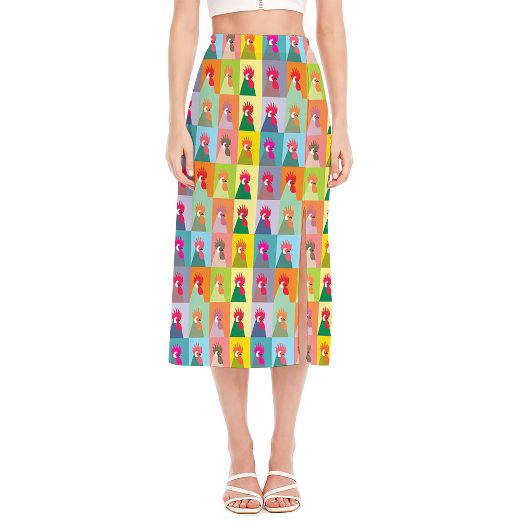 Colorful Rooster Pattern Print Side Slit Midi Skirt