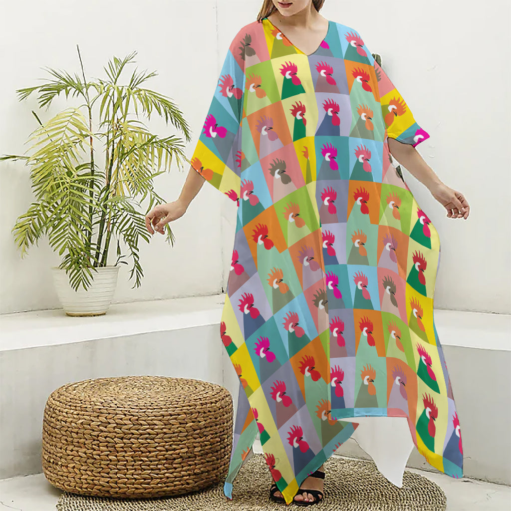 Colorful Rooster Pattern Print Silk V-Neck Kaftan Dress