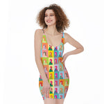 Colorful Rooster Pattern Print Sleeveless Bodycon Dress