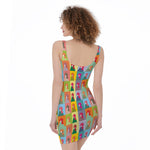 Colorful Rooster Pattern Print Sleeveless Bodycon Dress