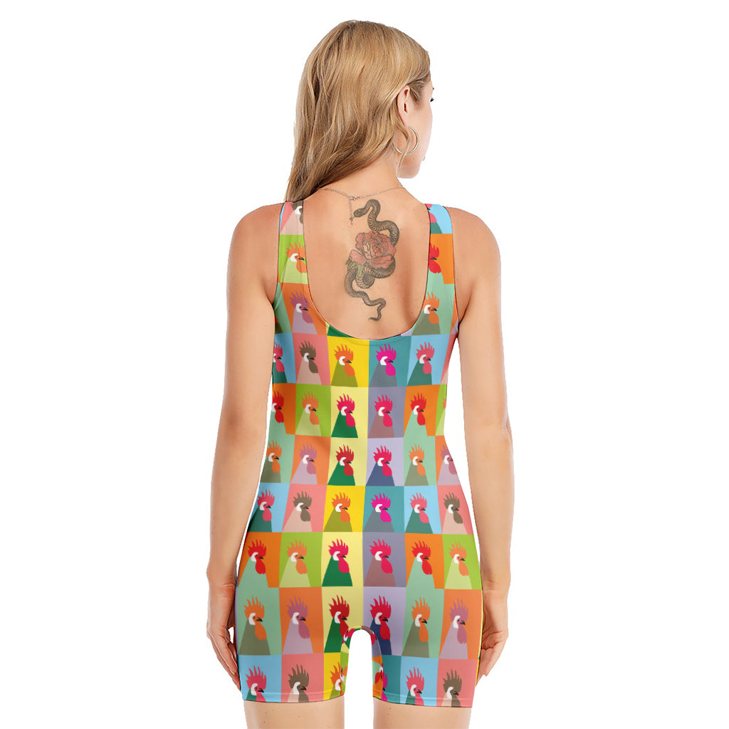 Colorful Rooster Pattern Print Sleeveless One Piece Swimsuit