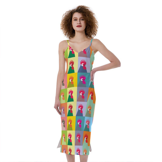 Colorful Rooster Pattern Print Slim Fit Midi Cami Dress