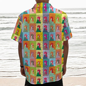 Colorful Rooster Pattern Print Textured Short Sleeve Shirt