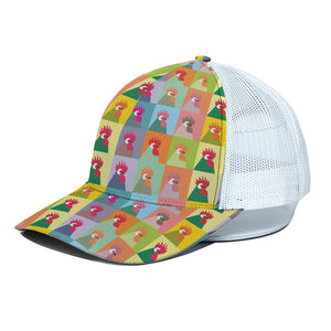 Colorful Rooster Pattern Print White Mesh Trucker Cap