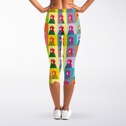Colorful Rooster Pattern Print Women's Capri Leggings