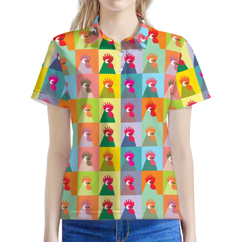 Colorful Rooster Pattern Print Women's Polo Shirt