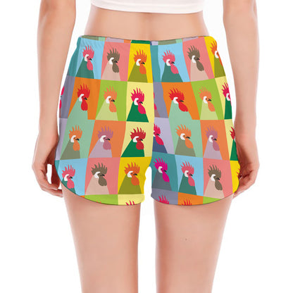Colorful Rooster Pattern Print Women's Split Running Shorts