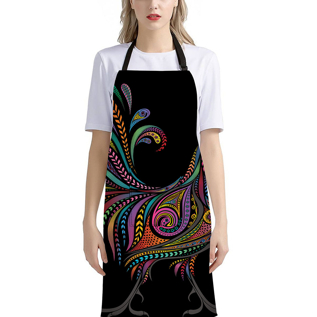 Colorful Rooster Print Bib Apron With Pocket