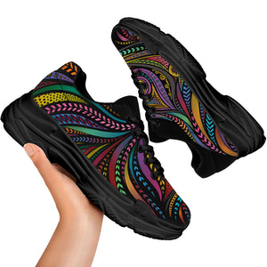 Colorful Rooster Print Black Chunky Shoes