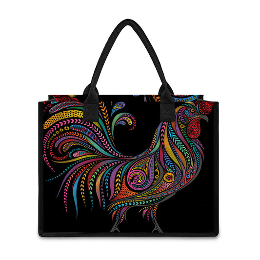 Colorful Rooster Print Canvas Tote Bag