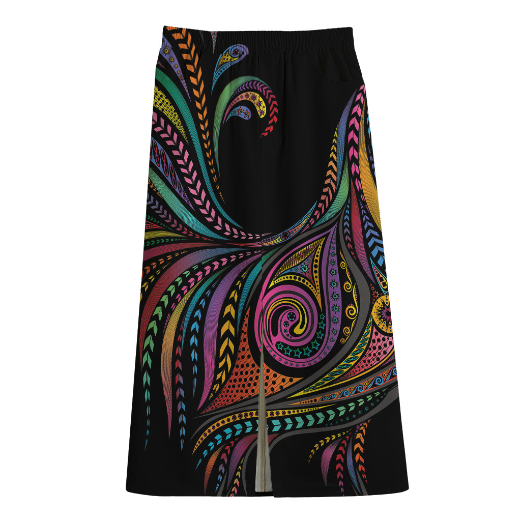 Colorful Rooster Print Cotton Front Slit Maxi Skirt