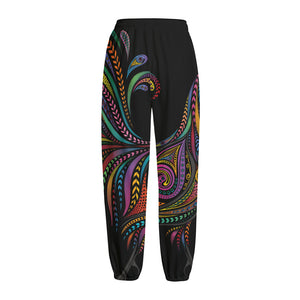 Colorful Rooster Print Fleece Lined Knit Pants