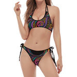 Colorful Rooster Print Halter Scoop Tie Side Bikini