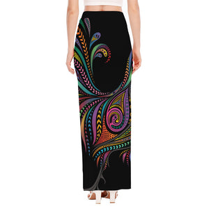 Colorful Rooster Print High Slit Maxi Skirt