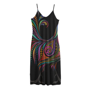 Colorful Rooster Print Jersey Midi Cami Dress