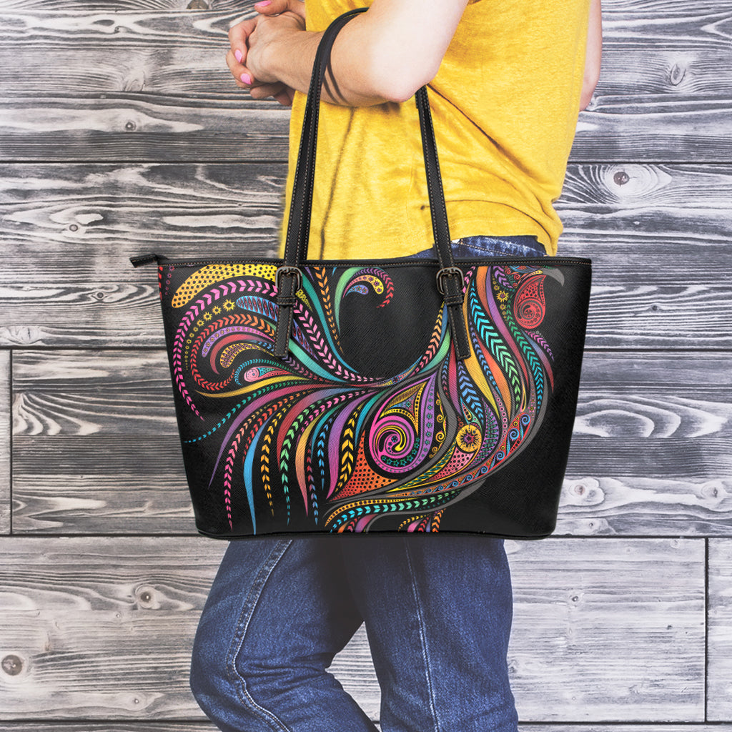 Colorful Rooster Print Leather Tote Bag