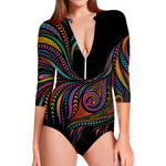 Colorful Rooster Print Long Sleeve Swimsuit