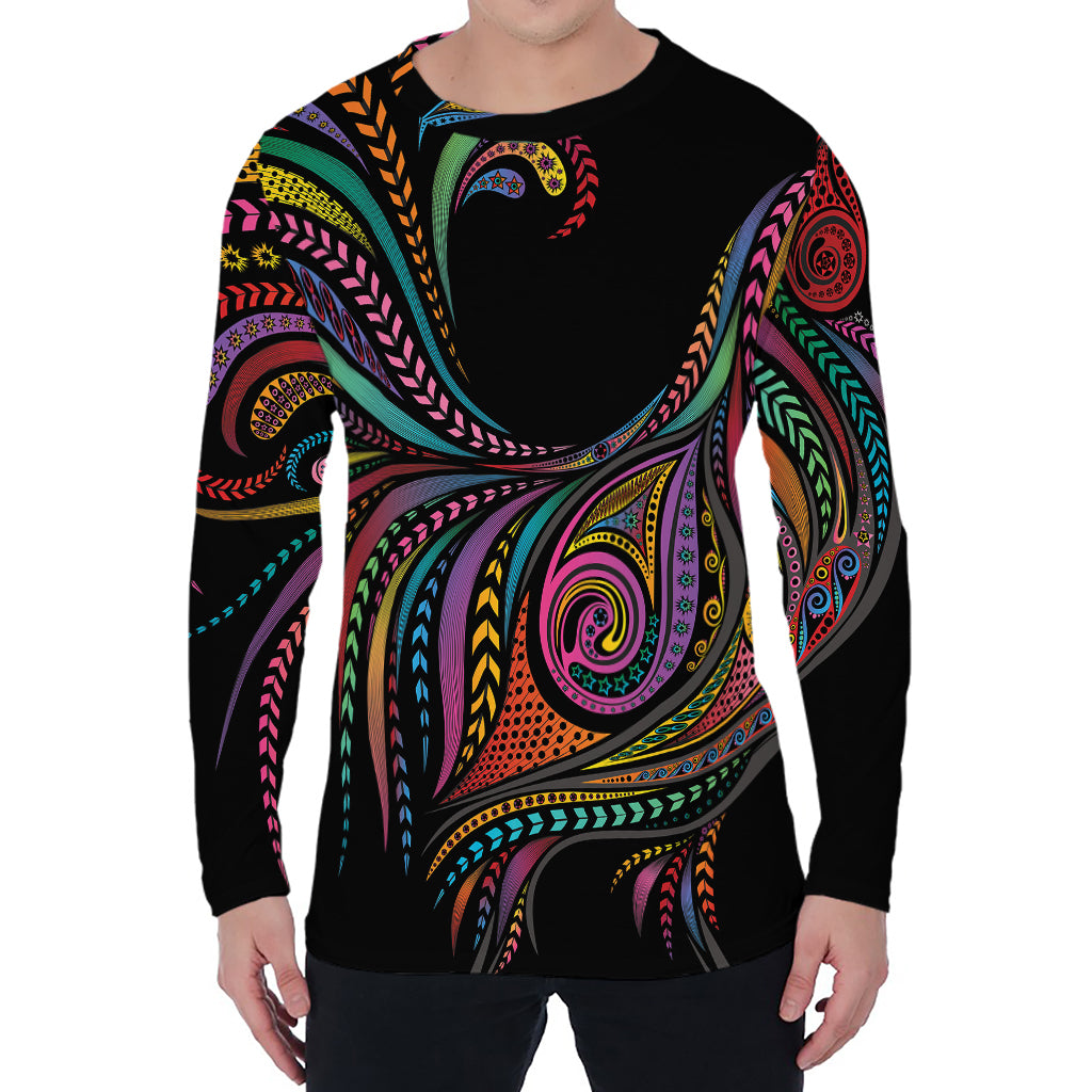 Colorful Rooster Print Men's Long Sleeve T-Shirt