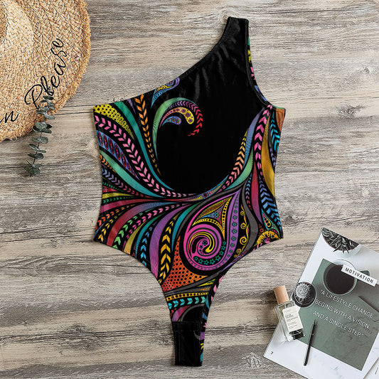 Colorful Rooster Print One Shoulder Bodysuit