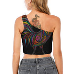 Colorful Rooster Print One Shoulder Crop Top