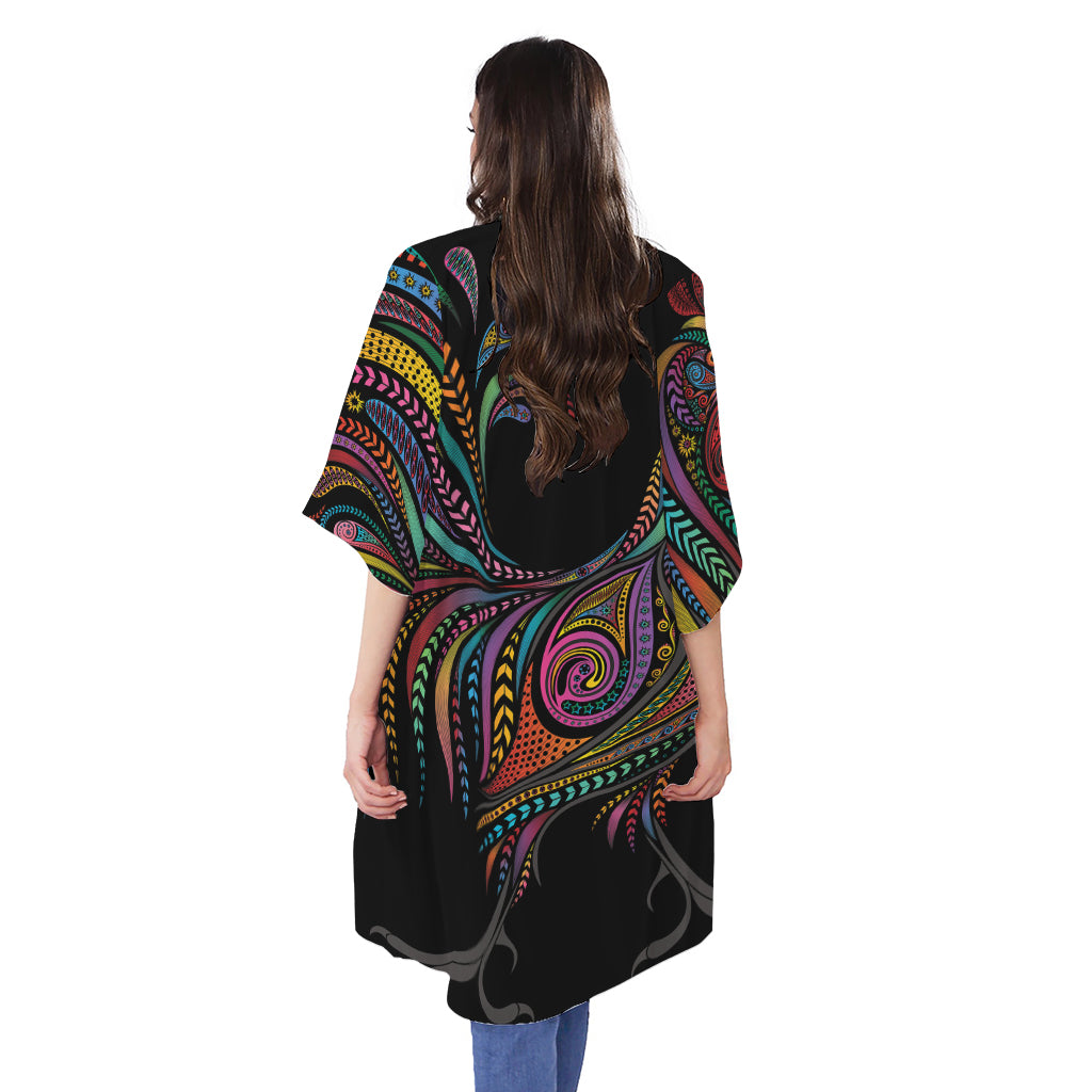 Colorful Rooster Print Open Front Beach Cover Up