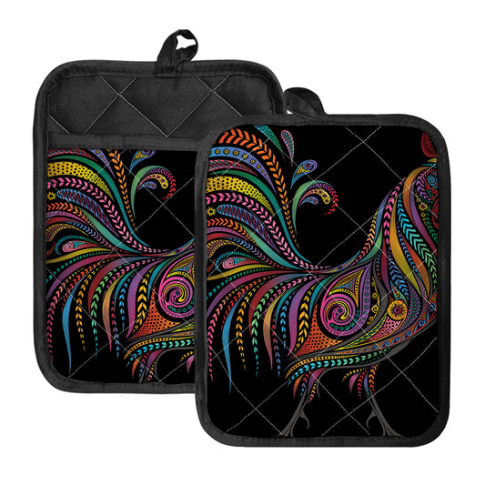 Colorful Rooster Print Pot Holders With Pocket