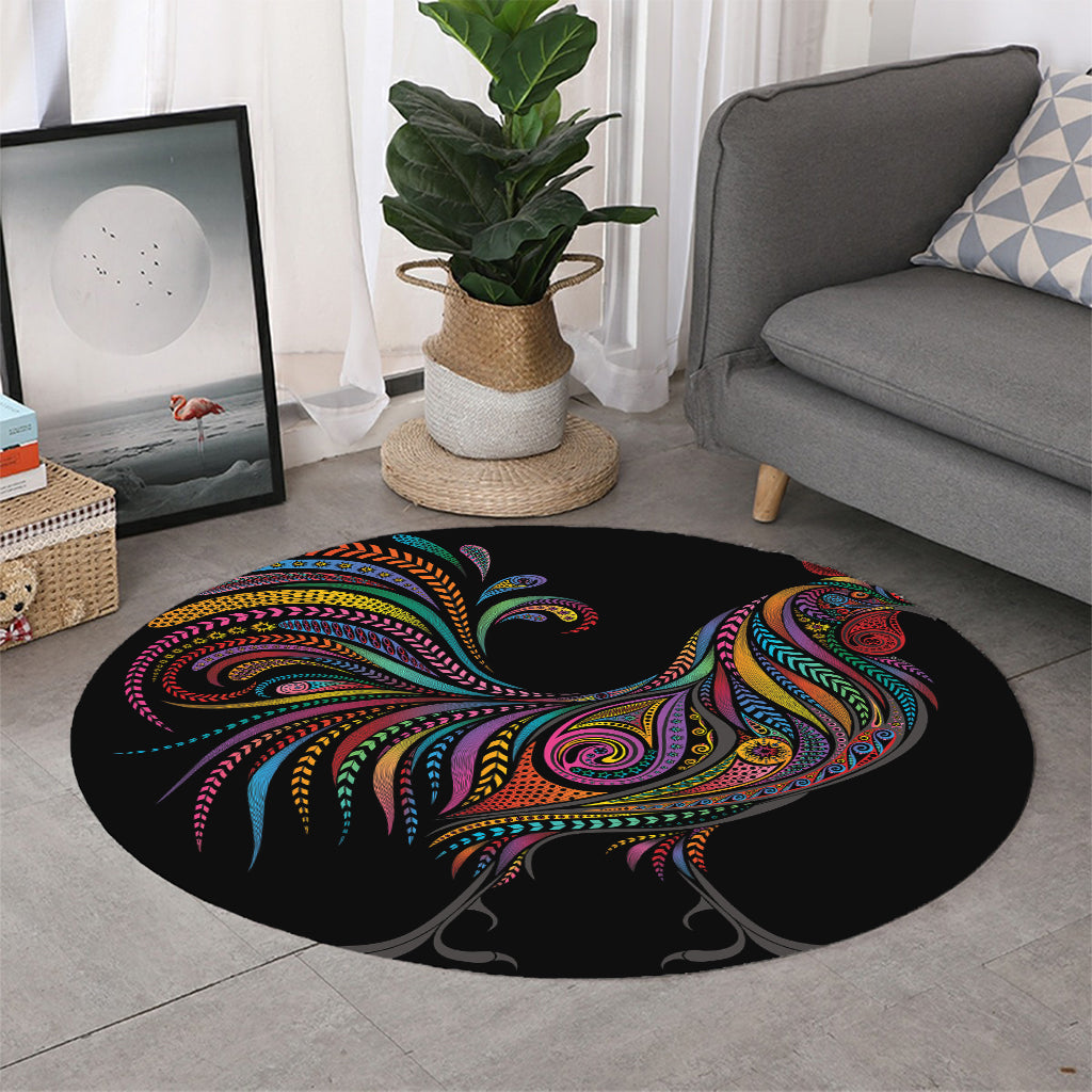 Colorful Rooster Print Round Rug