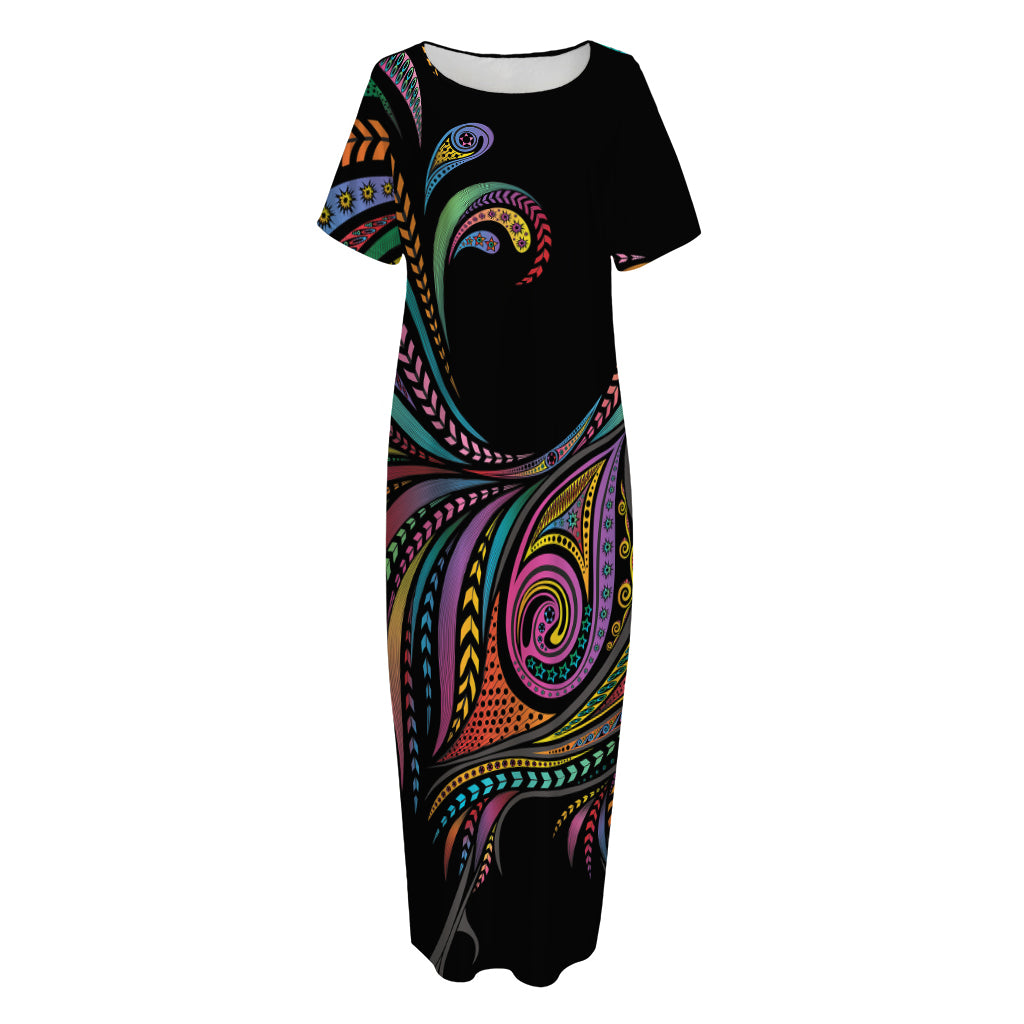 Colorful Rooster Print Short Sleeve Long Nightdress