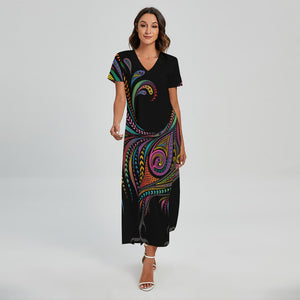 Colorful Rooster Print Short Sleeve Maxi Dress