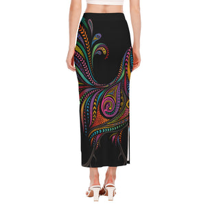 Colorful Rooster Print Side Slit Maxi Skirt