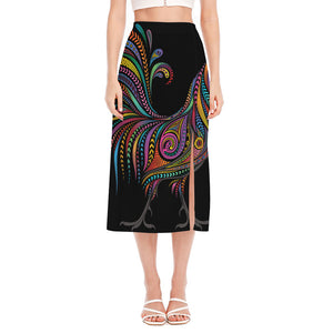 Colorful Rooster Print Side Slit Midi Skirt