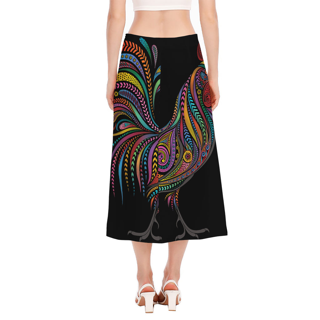 Colorful Rooster Print Side Slit Midi Skirt