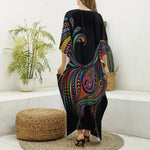 Colorful Rooster Print Silk V-Neck Kaftan Dress