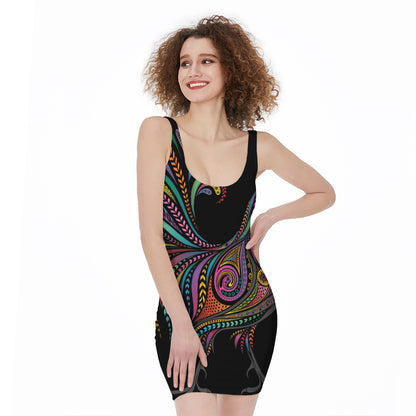 Colorful Rooster Print Sleeveless Bodycon Dress