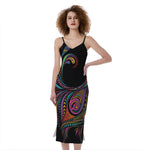 Colorful Rooster Print Slim Fit Midi Cami Dress