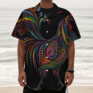 Colorful Rooster Print Textured Short Sleeve Shirt