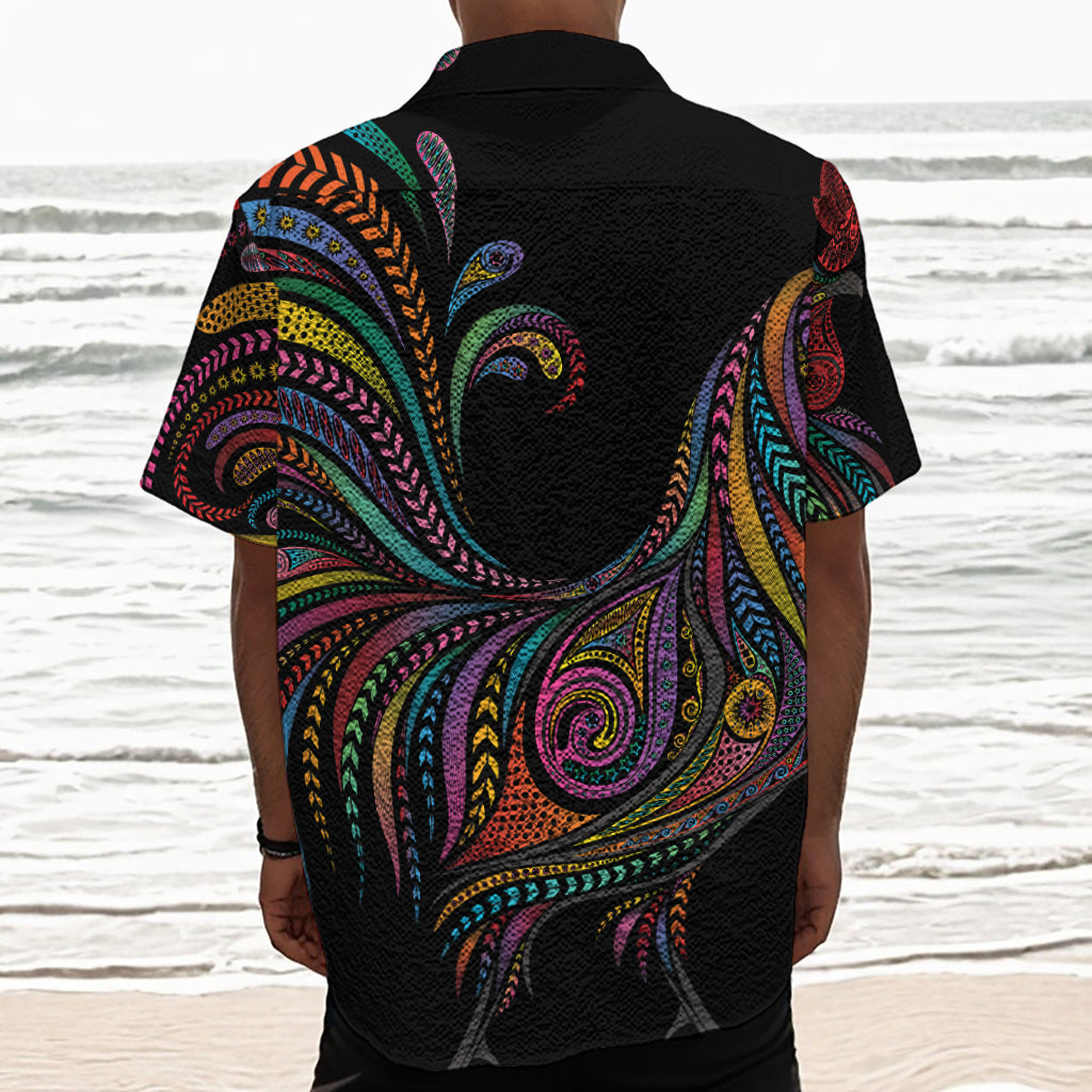 Colorful Rooster Print Textured Short Sleeve Shirt