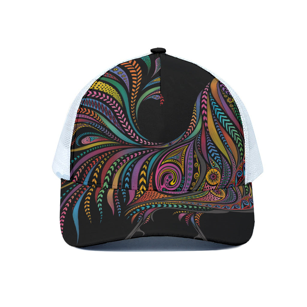 Colorful Rooster Print White Mesh Trucker Cap