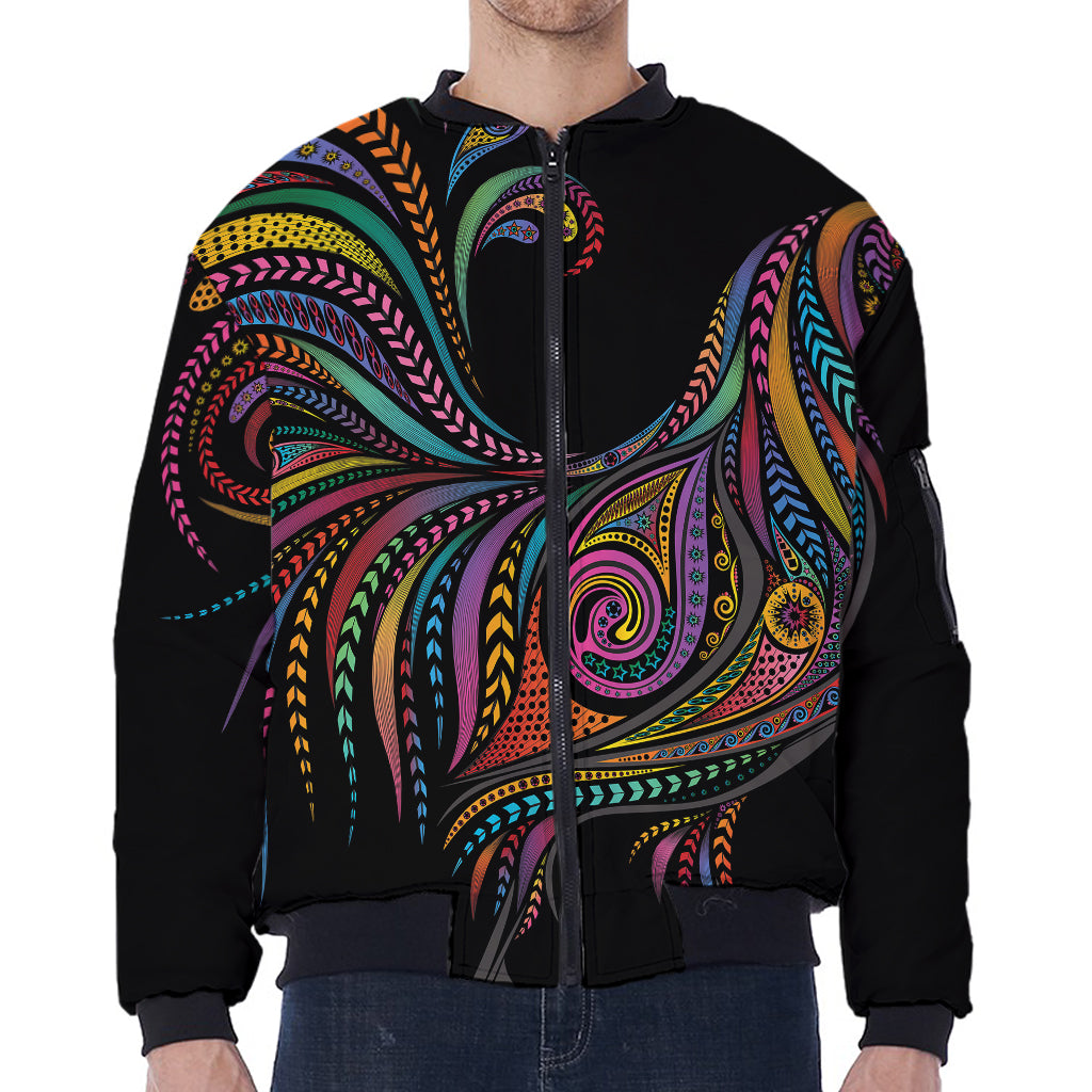 Colorful Rooster Print Zip Sleeve Bomber Jacket