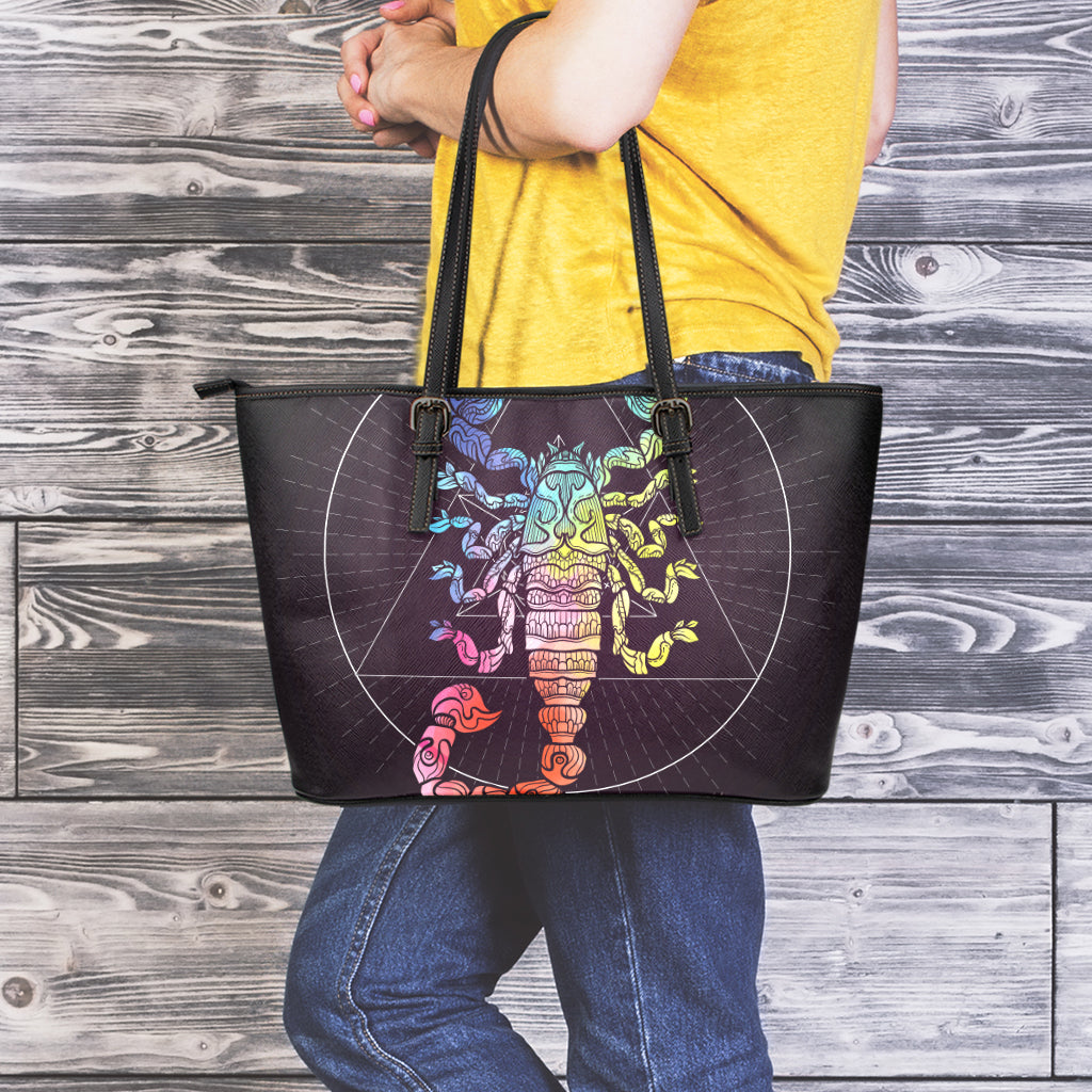 Colorful Scorpio Sign Print Leather Tote Bag