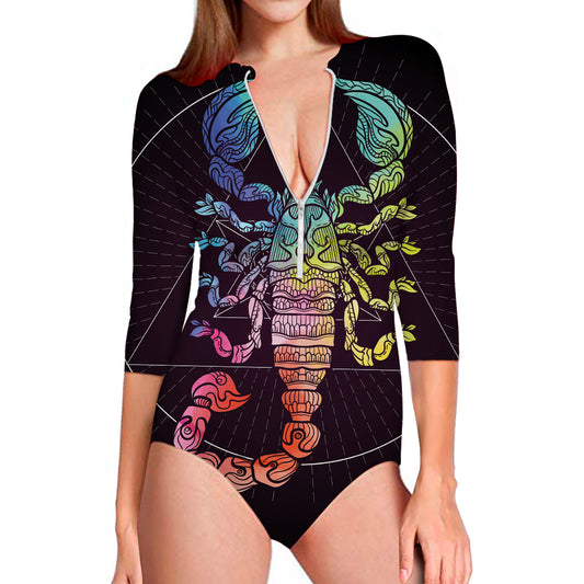 Colorful Scorpio Sign Print Long Sleeve Swimsuit