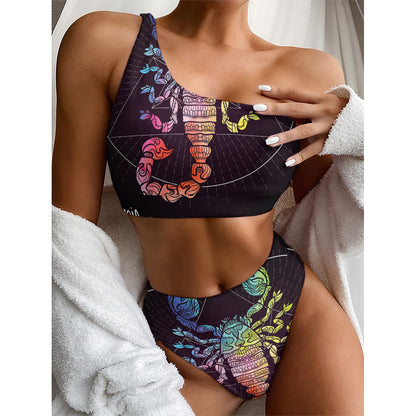 Colorful Scorpio Sign Print One Shoulder Bikini Top