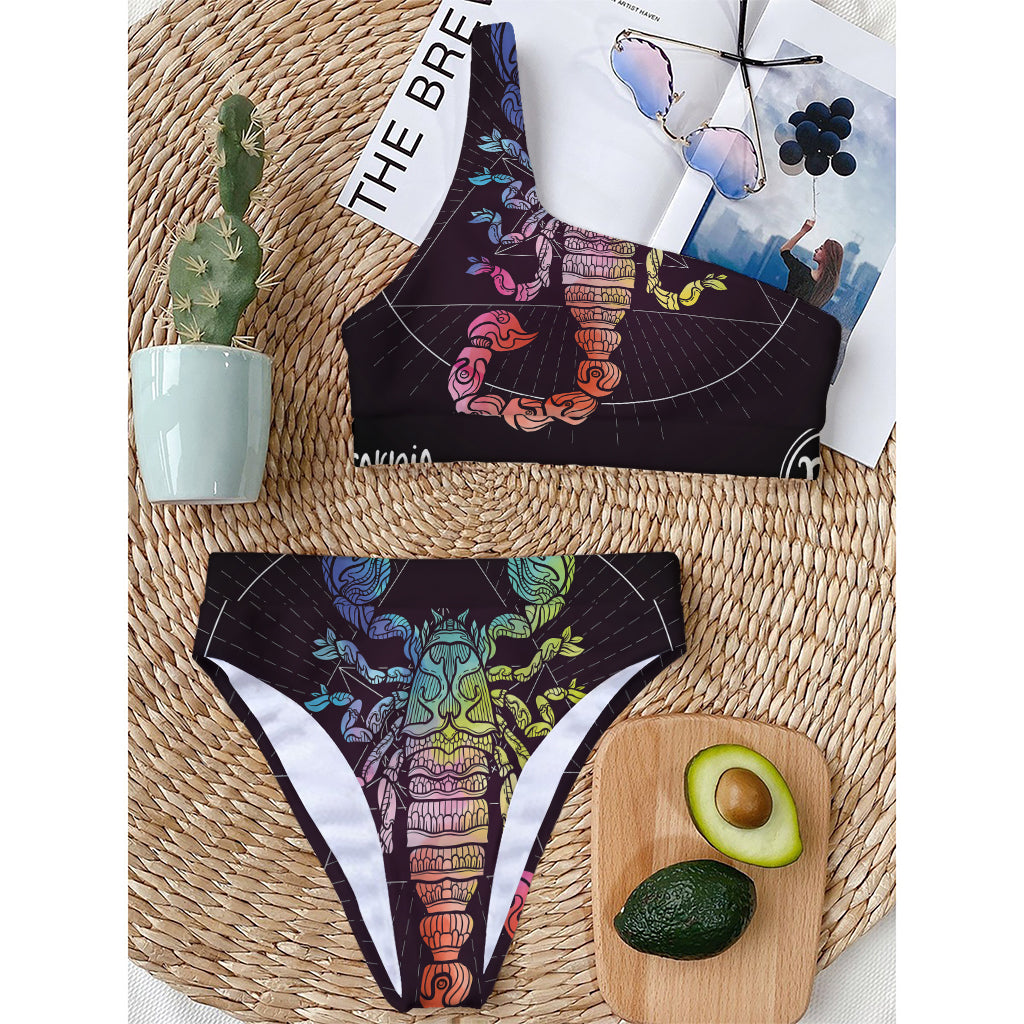 Colorful Scorpio Sign Print One Shoulder Bikini Top