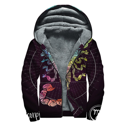 Colorful Scorpio Sign Print Sherpa Lined Zip Up Hoodie