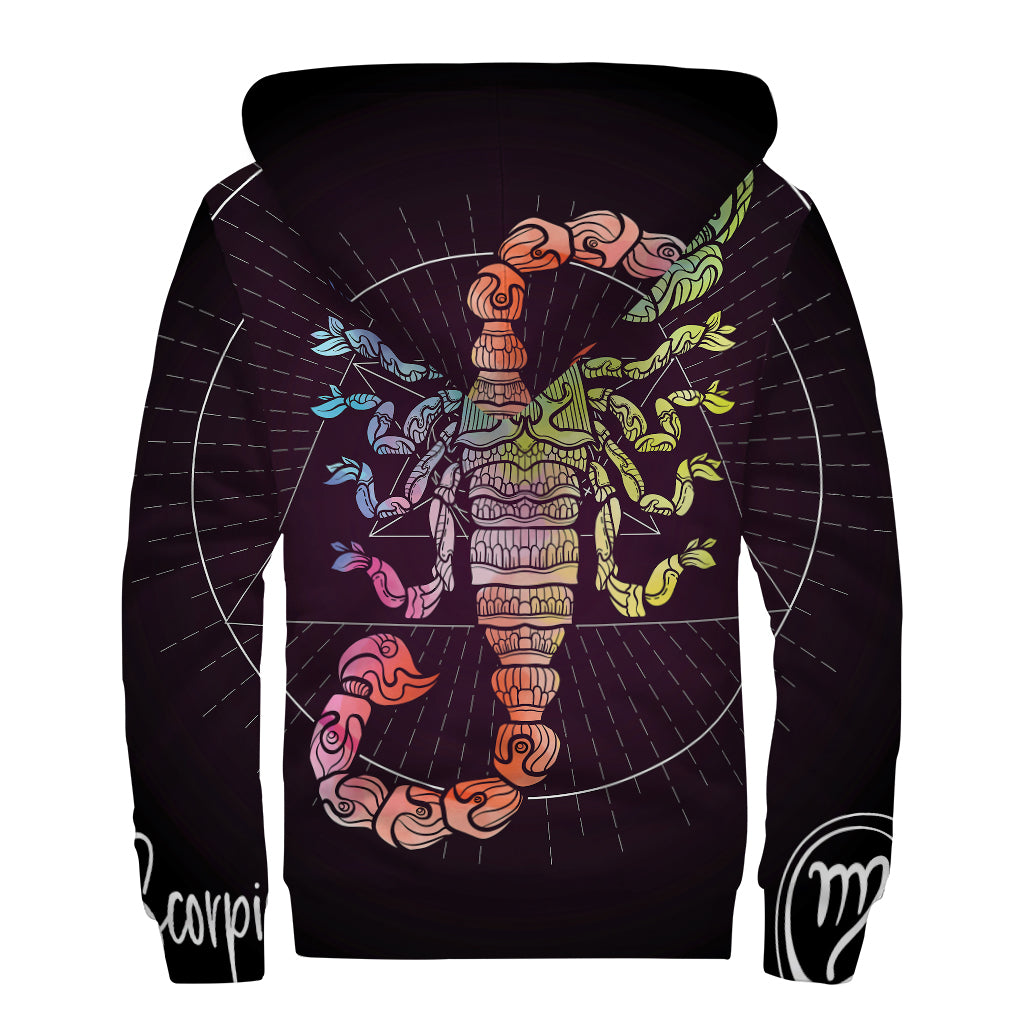 Colorful Scorpio Sign Print Sherpa Lined Zip Up Hoodie