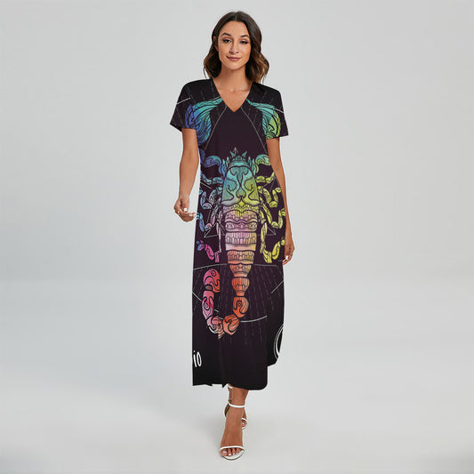 Colorful Scorpio Sign Print Short Sleeve Maxi Dress
