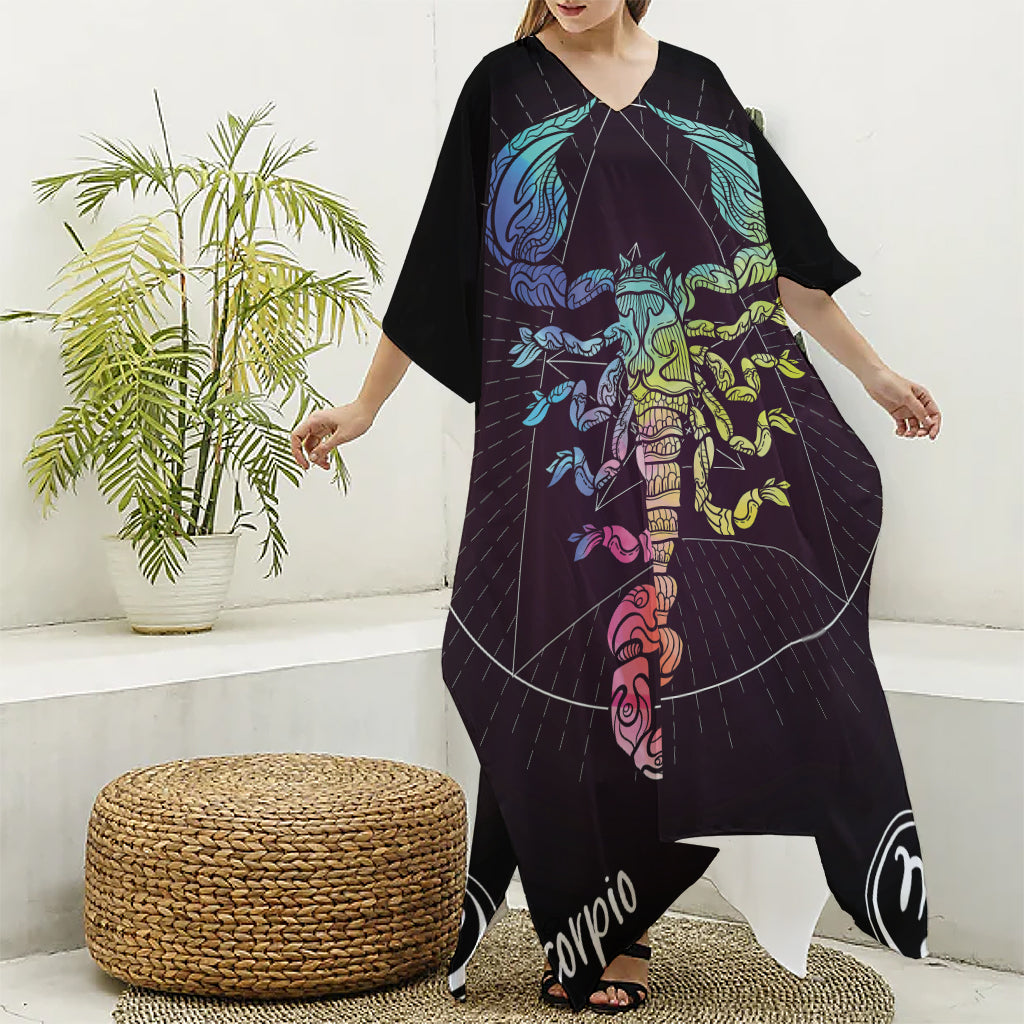 Colorful Scorpio Sign Print Silk V-Neck Kaftan Dress